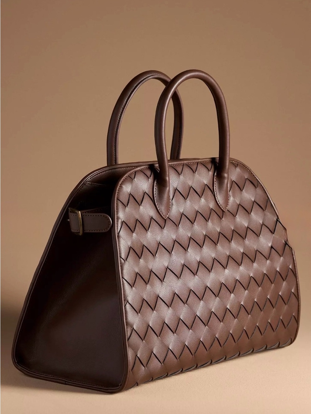 Anthropologie Woven Structured Weekender Bag Brown Faux Leather Travel Tote Fall